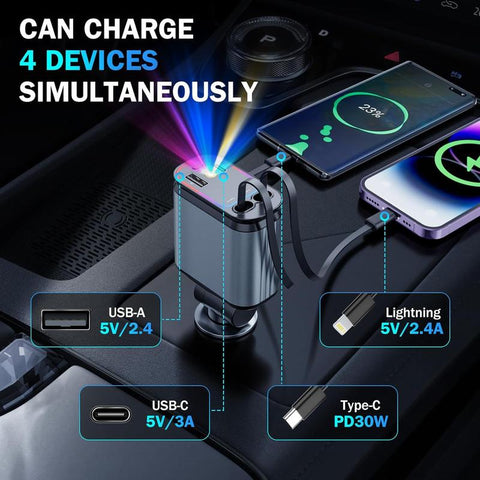 Illuminate Your Drive with the Starlight 4-In-1 Car Phone Charger – Fast Charge & Universal Compatibility!