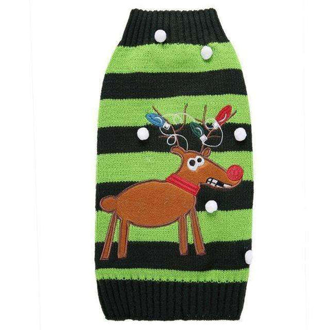 Green Reindeer Striped Dog Sweater